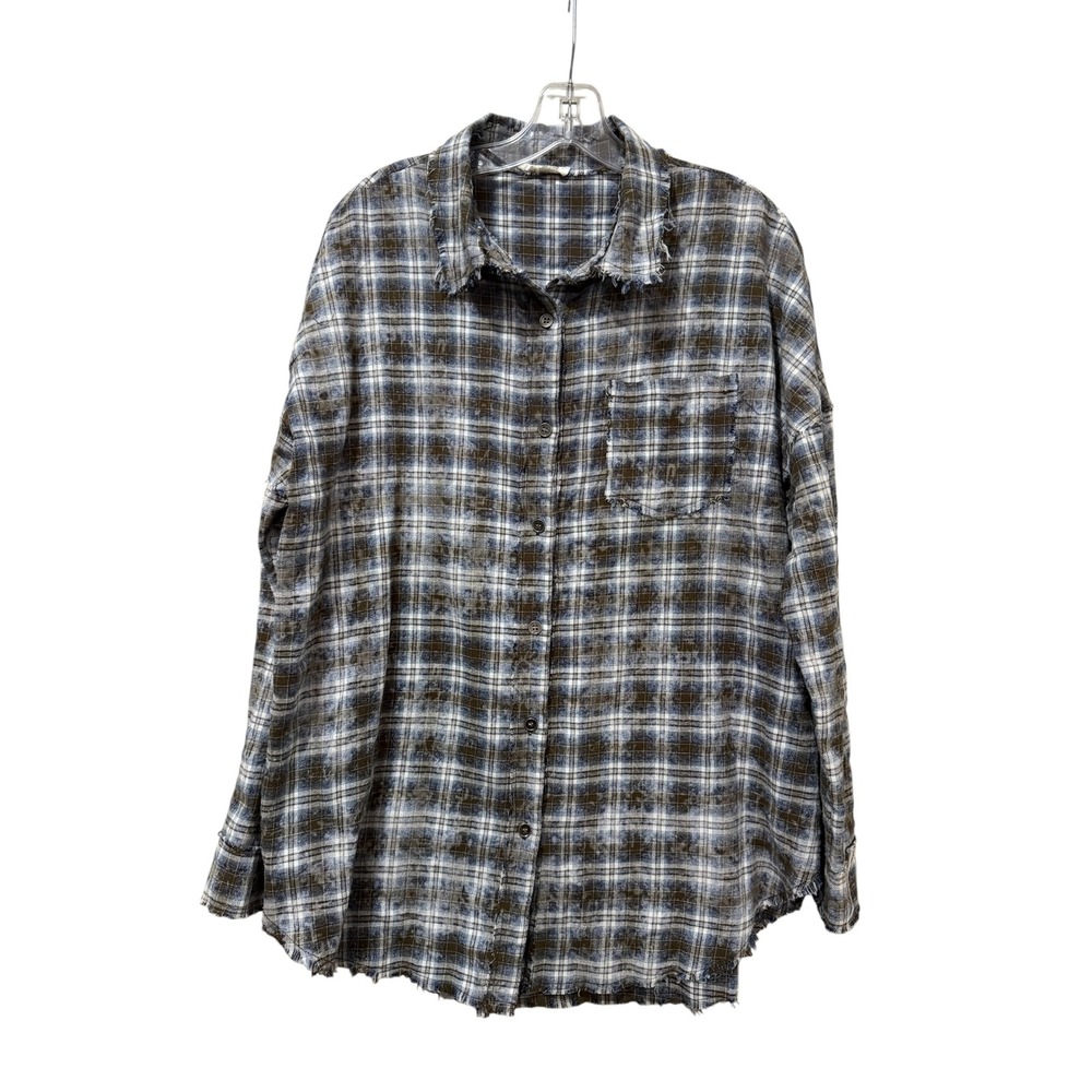 La Miel Womens Plaid Flannel Shirt Blue Brown Distressed Frayed Hem Medium